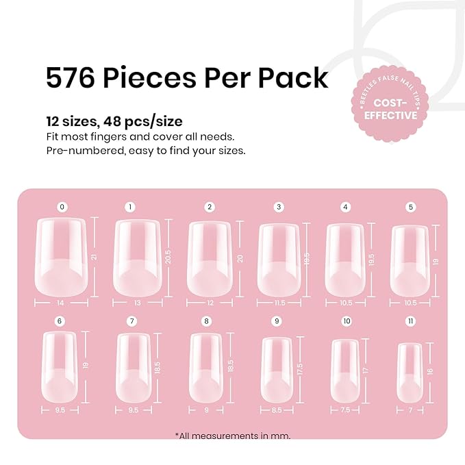 Beetles Gel Nail Tips Etch-X, Square Short, 576Pcs 12 Sizes, Pre-Shaped Half Matte Full Cover Soft Acrylic False Nail Tips Easy DIY Press On Nail Extension Manicure Salon Gift for Women