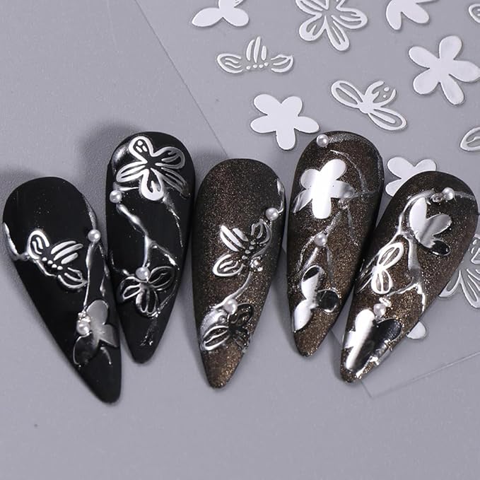 8 Sheets Flower Leaf Nail Stickers - 3D Self-Adhesive Metal Flower Nail Decals in Gold, Silver & Rose Gold - Floral Nail Designs with Retro Petal Leaves - Perfect for Women's Manicure Decoration