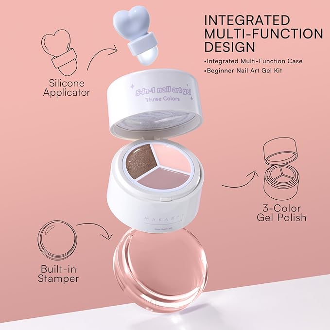 Makartt 5-in-1 Nail Art Gel: ColorPot 3 Colors Gel Nail Polish No Wipe with Nail Stamp for Stamping, French Tips, Ombre Patting, Painting & Sculpting with Silicone Head for Diy Nails at Home Salon