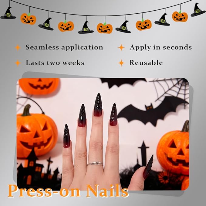 Ombre Red to Black Press on Nails Long Almond, Long Almond Glossy Stick on Nails Press ons for Women with Manicure Kit, Reusable Acrylic Soft Gel Stick on Fake Nail with Ombre Designs Perfectly Fit