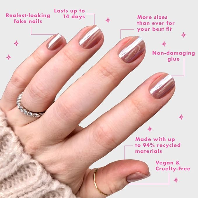 Olive & June Mani Minimalist Instant Press-On Nails (Glue) | 42 Fake Nails, 21 Sizes | Non-Toxic, Long-Lasting Barely-There Look | Spring Flowers & Patterns | Extra Short, Squoval | Taupe Jelly Chrome