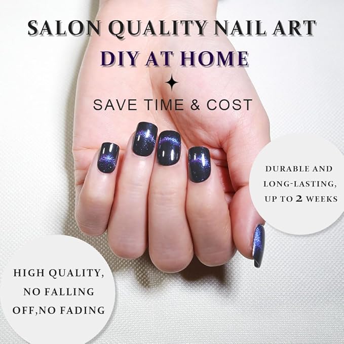 evpct Dark Blue Cat Eye Extra Short Press on Nails Square, Petite Short Square Stick on Nails for Women Gift, Smile Purple Metallic Glitter Glossy Reusable Gel Press on Acrylic Fake Nail with Designs