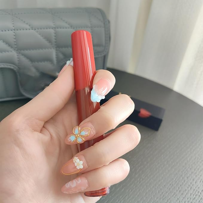10 Medium Almond Handmade Press On Nails | Light Pink & Baby Blue Ombre Fake Nails with 3D Floral, Gold Rim & Marble Accents | Reusable, Easy Apply Salon Quality (251218, S)