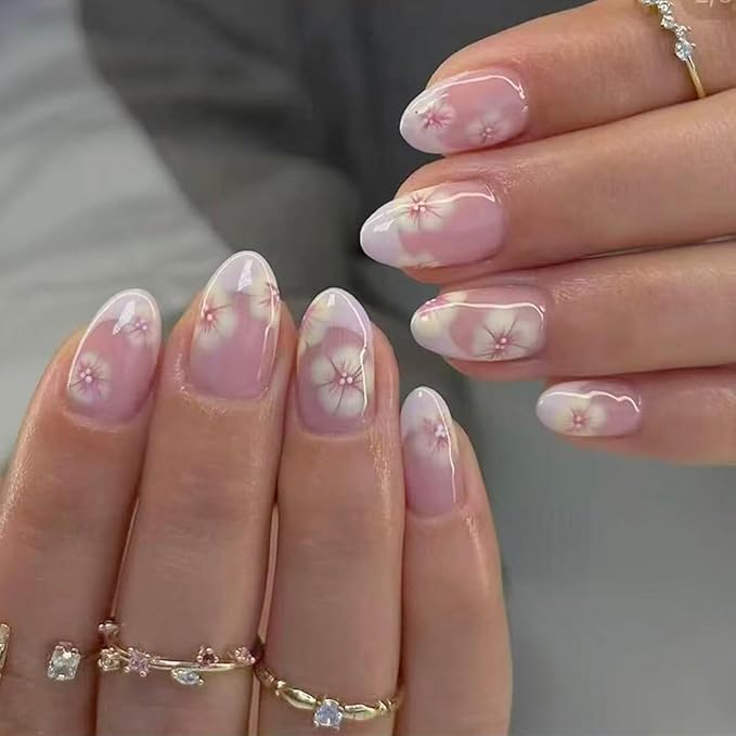 Purple French Tip Press on Nails - Short Fake Nails Almond Nails Press ons with Flower Design, Glossy Acrylic Nails Full Cover Artificial Glue on Nails for Women Manicure 24Pcs