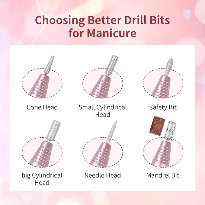 JODSONE Professional Electric Nail Drill 20000RPM Low Noise Work efficiently with 6 Replacement Drills for Salon and Home Use