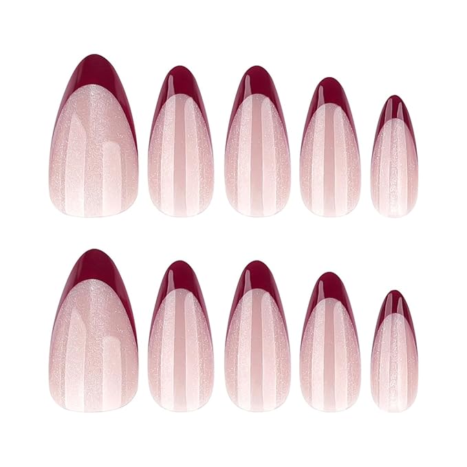 Red French Tip Press on Nails Medium Almond Fake Nails Cat Eye Nails Press ons with Design,Reusable & Easy Apply Full Cover Stick on Nails for Women Valentines Manicure 24Pcs