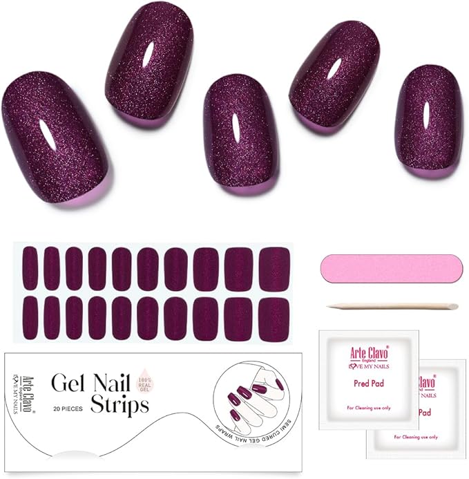 Arte Clavo Semi Cured Gel Nail Strips, 20 Pcs Gel Nail Stickers with UV Light Required, Salon Quality, Long Lasting, Easy Apply and Remove (Deep Plum Cat Eye)