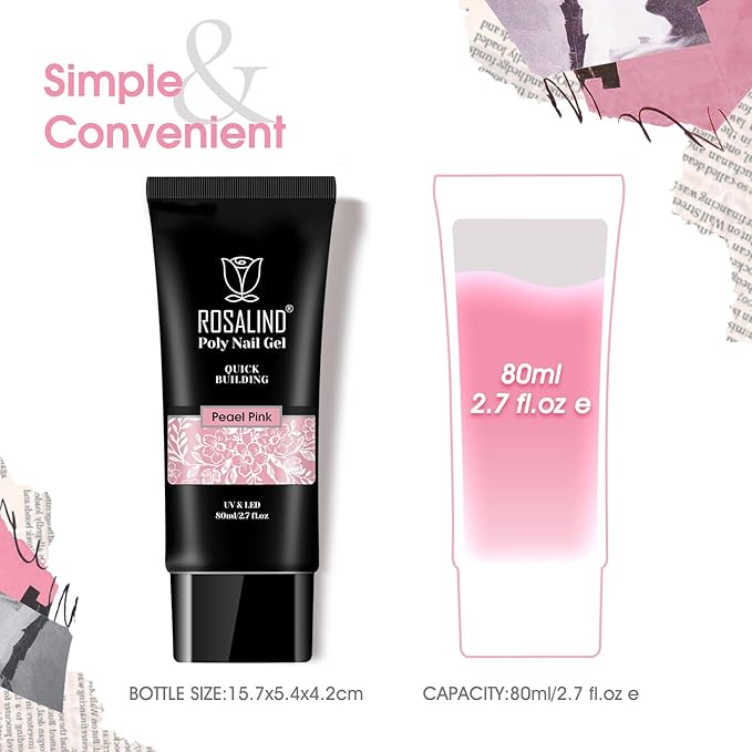 ROSALIND Pearl Pink Poly Extension Gel, 2.7 oz Pink Poly Nail Gel for Nail Art Decoration, builder Pinks Gel Nail Thickening Extension Easy to DIY Use at Home Need UV Lamp