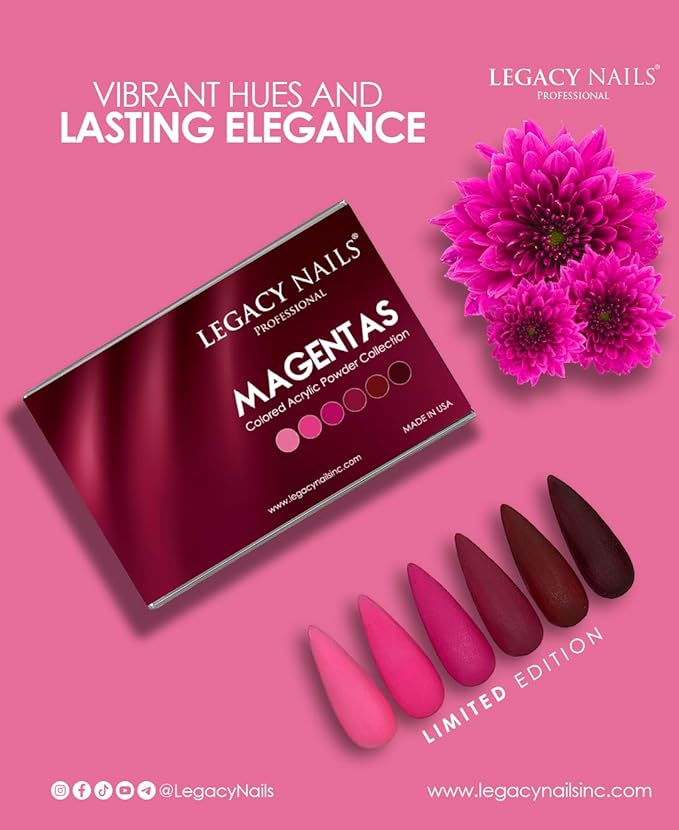 Legacy Nails Professional COLLECTION Acrylic Powder Kit 6 Colors Nail Art Set for Manicure DIY for Dip & Acrylic Nail Extensions (MAGENTAS COLLECTION)