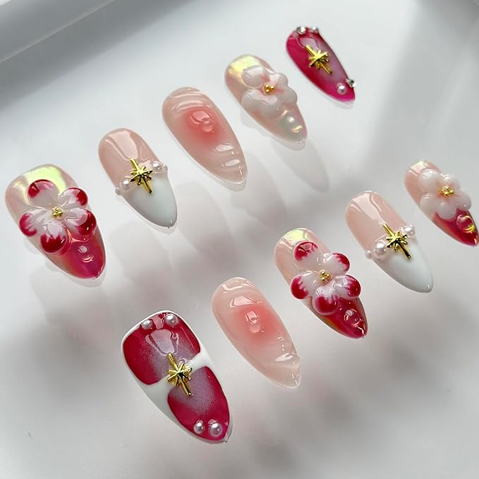 Luxury Press on Nails Medium Almond Handmade 3D Unique Reusable ABS Material Fake Nails Chrome French Tip False Nails with Designs Pink Flower Pearls Glossy Glue on Nail Thick Acrylic Nail(M)