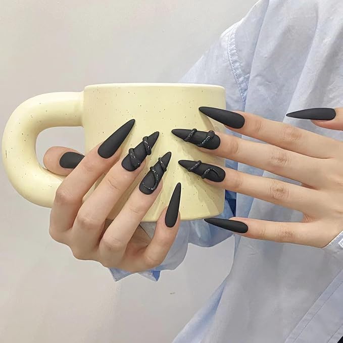 Handmade Press on Nails Stiletto 3D Snake Design in Pure Black: Elegant Matte and Glossy Finish Handmade Stiletto Press on Nails 3D Luxury Press on Nails（M）