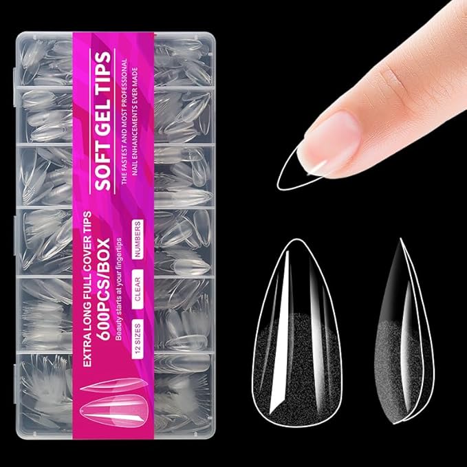 Medium Stiletto Clear Nail Tips 600pcs Full Cover Soft Acrylic Press For Nail Kit Women Home DIY Fake Nails for Nail Extension 12 Size