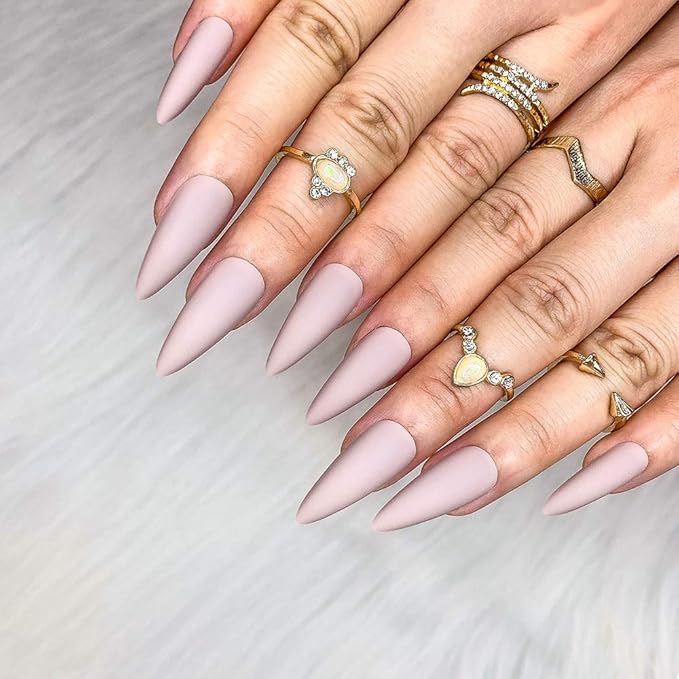 Morily 24pcs Fake Nails Matte Pure Color Medium Long Stiletto Almond Press on Nail False Tips Artificial Finger Manicure for Women (Nude)