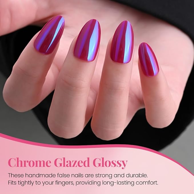 evpct Dark Red Press on Nails Almond Short, Dark Purple Red Chrome Glazed Glossy Short Almond Soft Gel Press On Nails with Nail Kit for Women Gift, 15 Sizes 30Pcs Reusable Stick Acrylic Fake Nail Kit