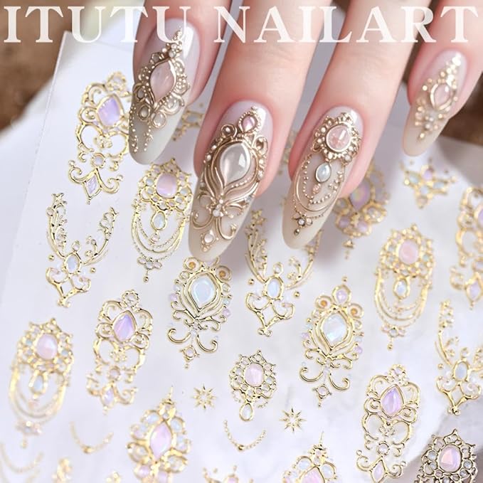 Self-Adhesive Gem Nail Stickers Vintage Style Totem Nail Supplies Embossed Gold Jewelry Ribbon Nails Decals Pink Diamond Nails Designs Baroque Scepter Nails Art Decoration for Women Manicure 1 Sheet