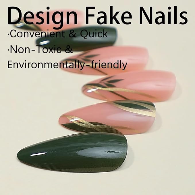 Almond Press on Nails Medium - Dark Green Fake Nails with Gold Line Design - Fall Stick on False Nails - for Women 24 Pcs