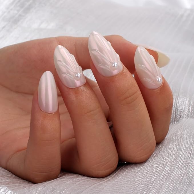 evpct Chrome Press on Nails Short Almond, Glazed Aurora White Holographic Glossy Acrylic Soft Gel Fake Nails Kit with 3D Shell Pearl Designs, Stick on Nails with Nail Kit, Reusable Stick on Nail Kit