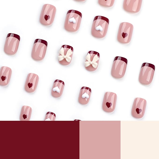 Red French Tip Press on Nails Short - Square Fake Nails with Bow Charms Design - Heart False Nails Press ons - for Women 24 Pcs