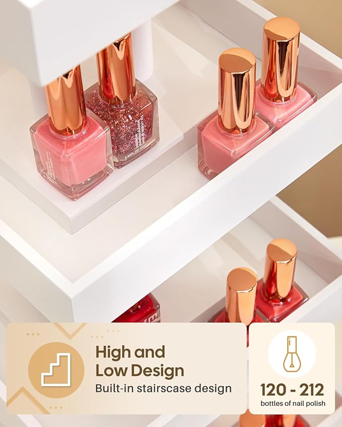 Homde Nail Polish Display Stand and Storage: 360 Degree Rotating Bamboo Rack Organizer, 4 Tier Makeup Holder for Fast Access on Countertop or Vanity for Girls & Women,White