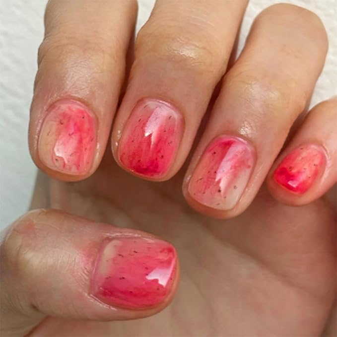 Press on Nails Square Short Fake Nails Press ons Nail Art Tips Artificial Acrylic Nail Set Full Cover False Nail with Red Apple Gradient Designs Stick on Nails for Women 24Pcs