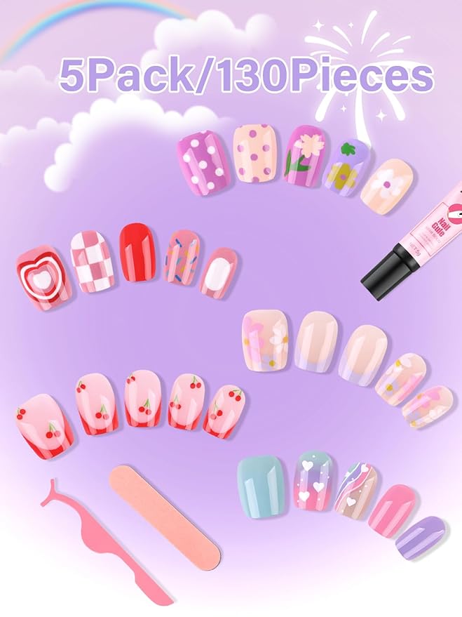 EBANKU 130 Pcs Press on Nail Kids, 5 Pack French Heart Kid Flase Nails Kit with Nail Glue Set Fake Nail for Girls Nail DIY Salon Home Decor