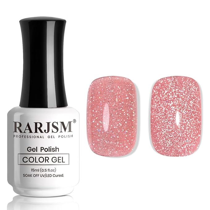 RARJSM Reflective Gel Polish Glitter Pink Nude Sheer Pink Jelly Gel Nail Polish Natural Skin Tone Sparkle Flash Rainbow Diamond Silver Shimmer Soak off Curing Requires Home Salon 15ml Single Bottle