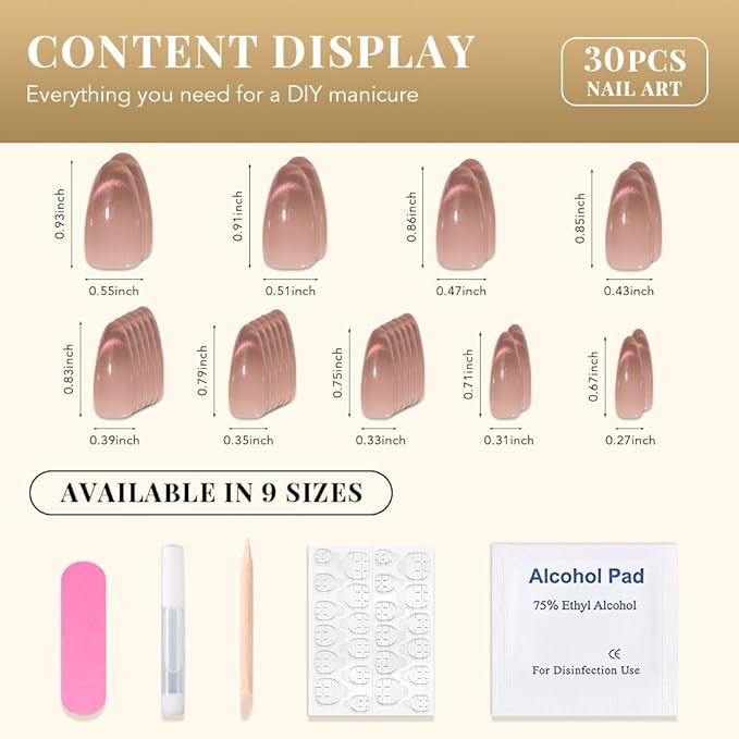 evpct Nude Brown Cat Eye Press on Nails Almond Medium, Medium Almond Stick on Nails for Women Gift, Iridescent Pink Smile Curve Metallic Glitter Reusable Gel Press on Acrylic Fake Nail with Designs