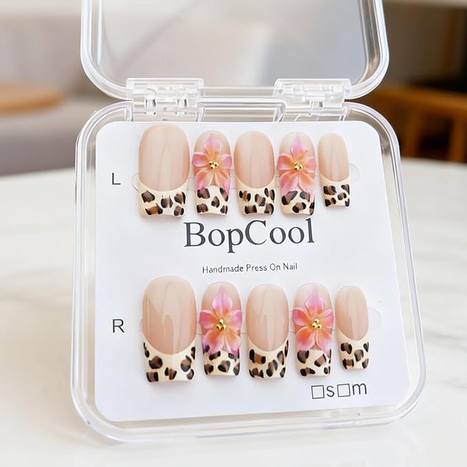 Nude Pink Handmade Press-On Nails – Long Coffin French Leopard Print & Floral Rhinestone Design | Thick Acrylic Full-Coverage False Nails (S-10PCS)