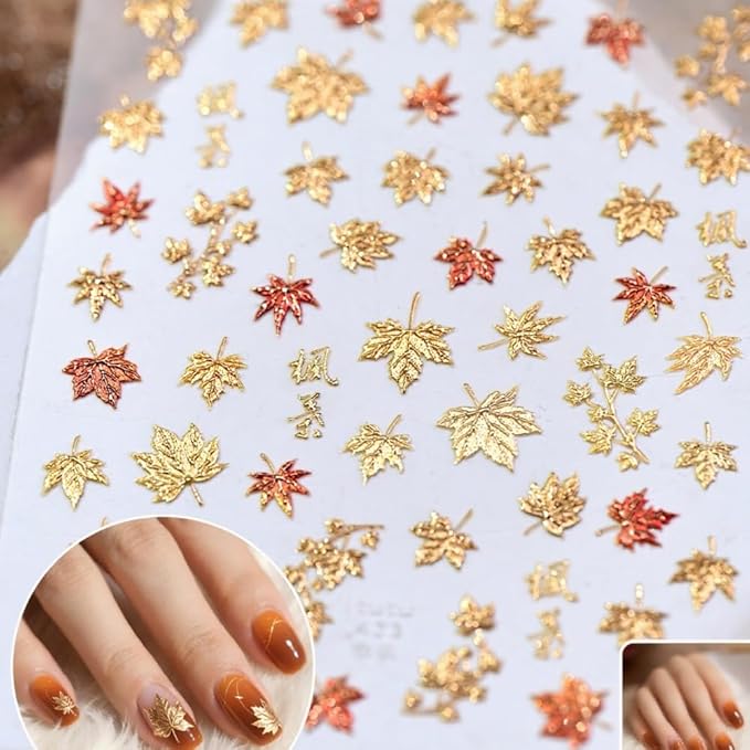Maple Leaves Nail Stickers 3D Self Adhesive Gold Nail Art Stickers 5D Embossed Colorful Leaf Nail Decals Fall Autumn Nail Designs Cute Yellow Nail Art Supplies for Women Girls 1 Sheet