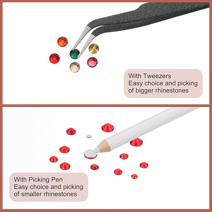 uxcell 1500Pcs Round Flatback Rhinestones Set, 6 Size Glass Flat-Back Crystal Diamonds with Tweezers and Picking Pen for Nail Art Makeup Crafts Fabric DIY Decoration, Multicolor