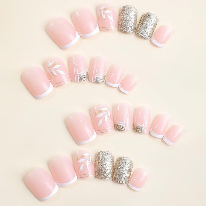 Press on Nails Short Square Fake Nails Leaves False Nails with Designs Gold Glitter Glossy Glue on Nails Full Cover Acrylic Stick on Nail Shiny Artificial Nail for Women Girls Manicure 24Pcs