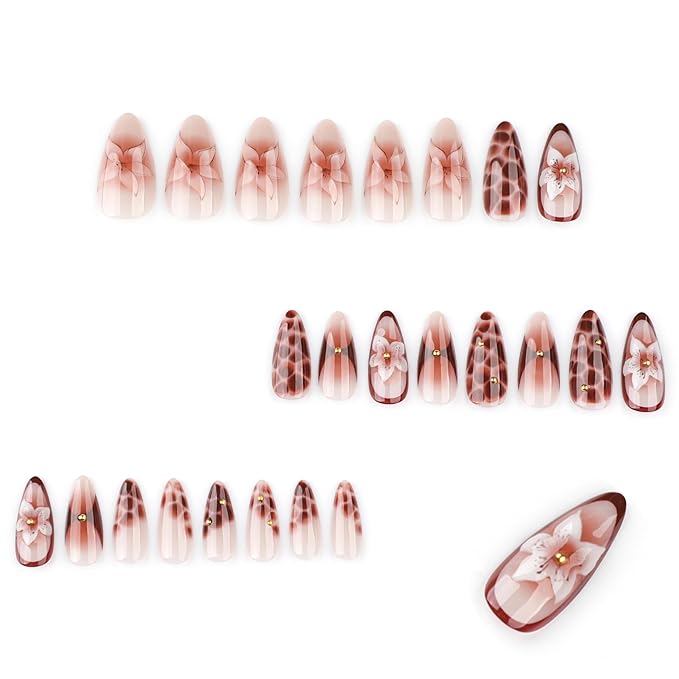 Press on Nails Almond - Medium Fake Nails with Flower Pattern Design - Brown Ombre False Nails Press Ons - for Women Manicure 24 Pcs