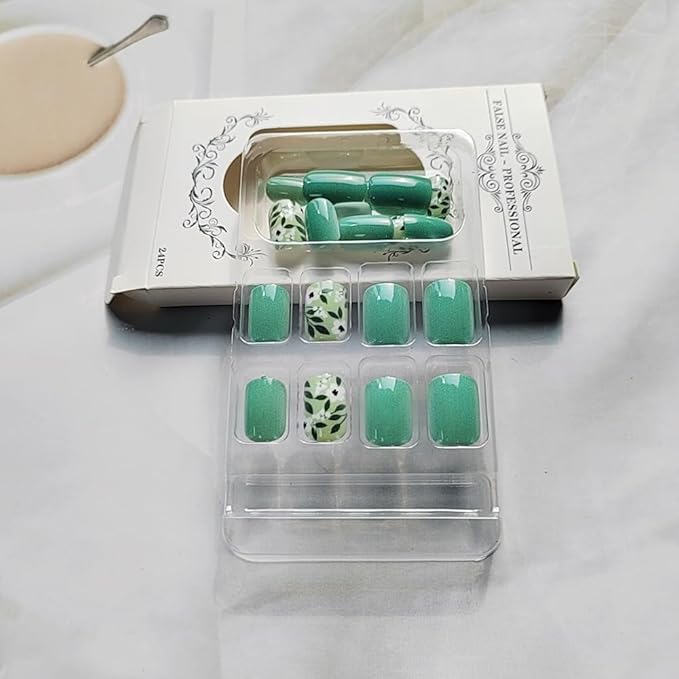 Press on Nails Square Short Fake Nails Press ons Nail Tips Artificial Acrylic Kit Full Cover False Nails with White Jasmine Glossy Simple Designs Stick on Nails for Women 24Pcs