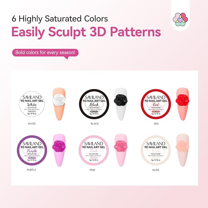 SAVILAND 3D Nail Gel Set: 6 Colors Soak Off Solid 3D Sculpting Gel for Nail Art Design, Non-Sticky Hand Carving Molding Painting Sculpture Gels for Home Salon Manicure DIY Starter Kit