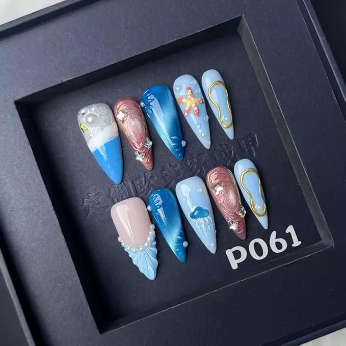100% 5D Handmade Press on Nails with Charms Long Stiletto Nails Press ons Beach Ocean False Nails Ombre Blue Press on Nails Summer Fake Nails for Women Girls Daily Wear DIY Manicure Size L