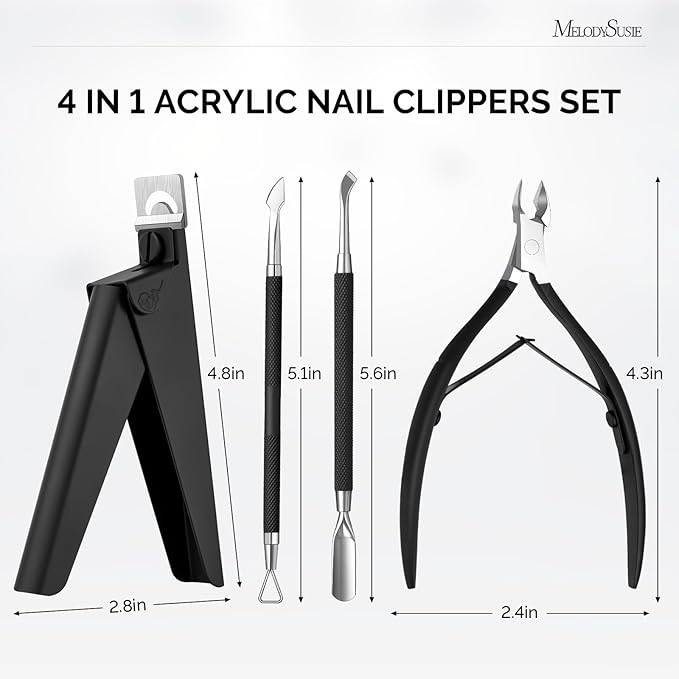 Melodysusie 4 in 1 Acrylic Nail Clippers Set, with Cuticle Trimmer and Dual-Ended Cuticle Pusher Remover, Stainless Steel Acrylic Nail Cutter Set, Pedicure Manicure Acrylic Nail Tools for Home Salon
