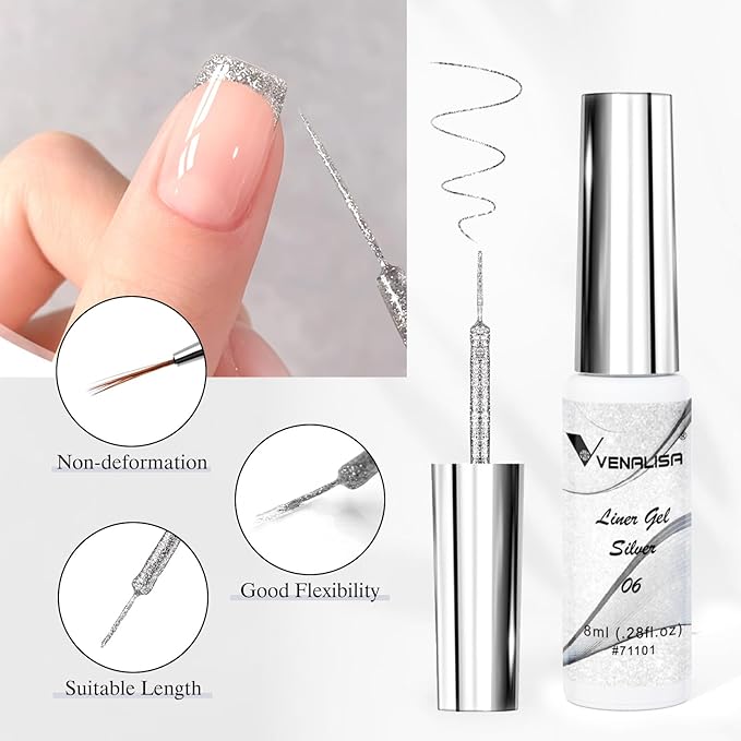 VENALISA Liner Gel Nail Polish 8ML 1 Pcs Silver Gel Polish For French Tip With Thin Brush Nail Art Swirls Nail Design Soak Off UV DIY at Home Manicure Salon