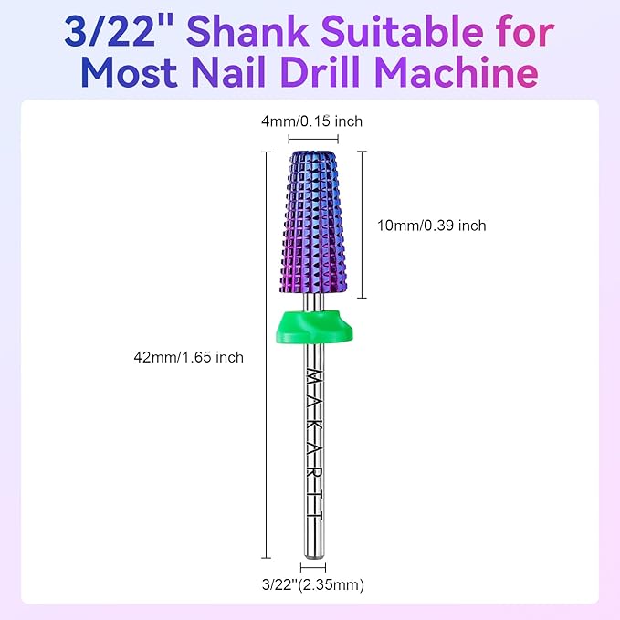 Makartt 5-in-1 Nail Drill Bits - 3/32" Shank Tungsten Carbide Tapered Bit for Fast Removal of Acrylic Nails, Hard Gel & Cuticles, Professional Nail E-File Bits for Nail Drill Machines (Fine, Purple）