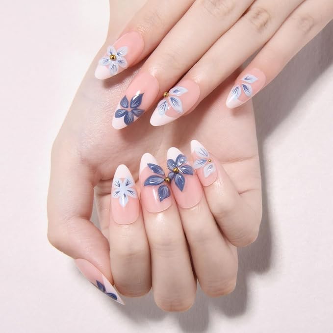 3D Press on Nails Short Almond with Blue Flower Design, Pink Nail White Tip Press ons Glossy Stick on Nails for Women with Kit, Reusable Soft Gel Stick on Cute Fake Nail with Designs Perfectly Fit