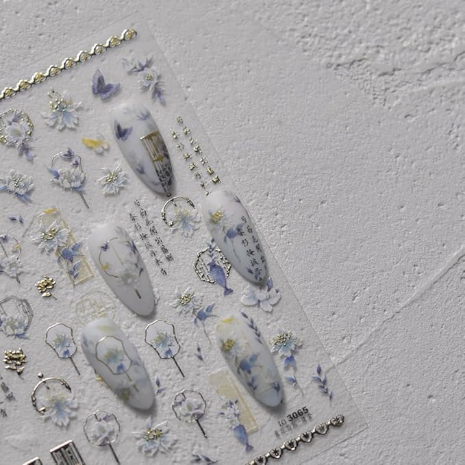 2Sheets 5D Flower Nail Sticker Nail Art Decals for Chinese Antique Style Spring Flowers Manicure Nail Supplies (Flower Two)