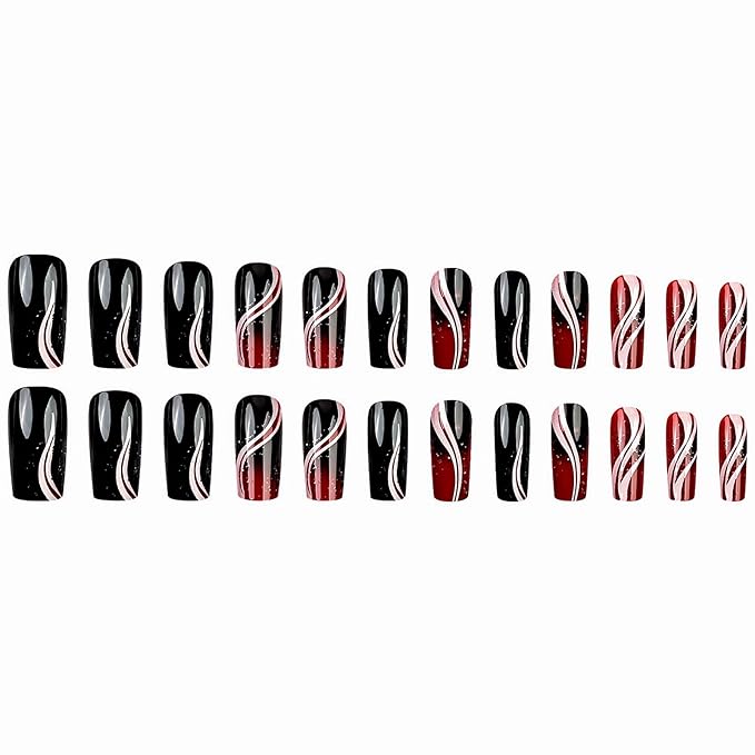 MISUD Press on Nails - Long Square Fake Nails with Goth Red Black, Acrylic Gothic Vampire Design 24 pcs