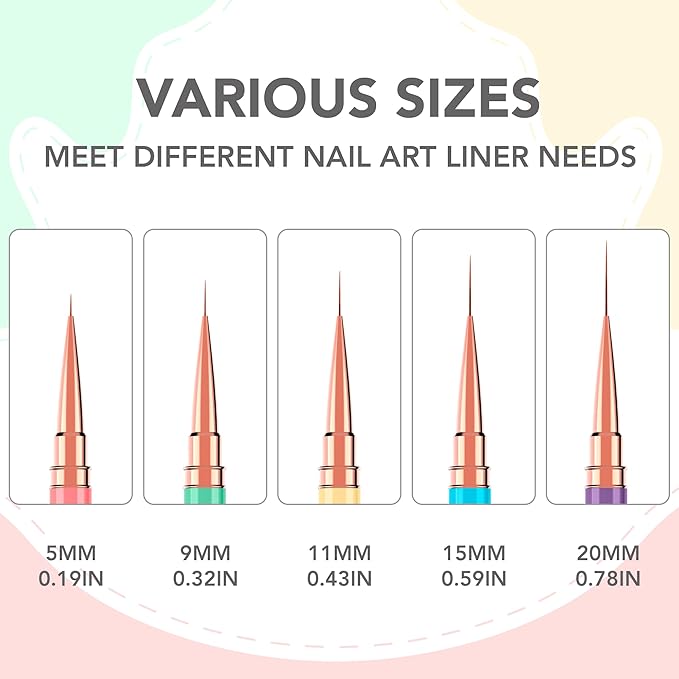 Nail Liner Brushes, Fine Line Nail art Brush 5/9/11/15/18mm Macaron Thin Nail Art Brush Detail Drawing, Liner Brush for Nails Gel