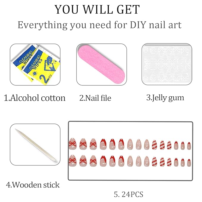 Christmas Nails Press On, Short Almond Press On Nails Red French Fake Nails With Bow Stripes Designs Acrylic Artificial Glue On False Nail Press Ons Stick On Nail for Women Girls