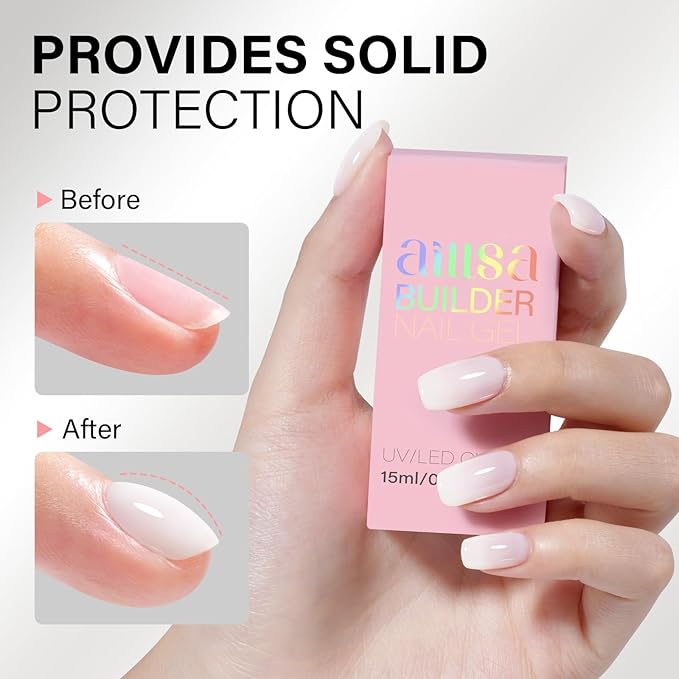 AILLSA Builder Gel for Nails Milky White 7 In 1 Hard Gel Polish for Nail Thickening Nude Strengthener Nail Polish Light Color Extension U V Gels for Nail Art Base Coat Needed 0.51 Oz GB08