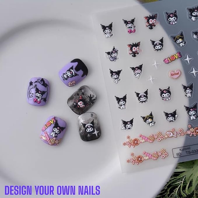 Anime Nail Stickers 5D 3D Embossed Kawaii Japanese Art Decals for DIY Nail Design, Self Adhesive Pink Stickers for Natural Gel Press On Nails, Unisex Cute Otaku Gift (Kuro)
