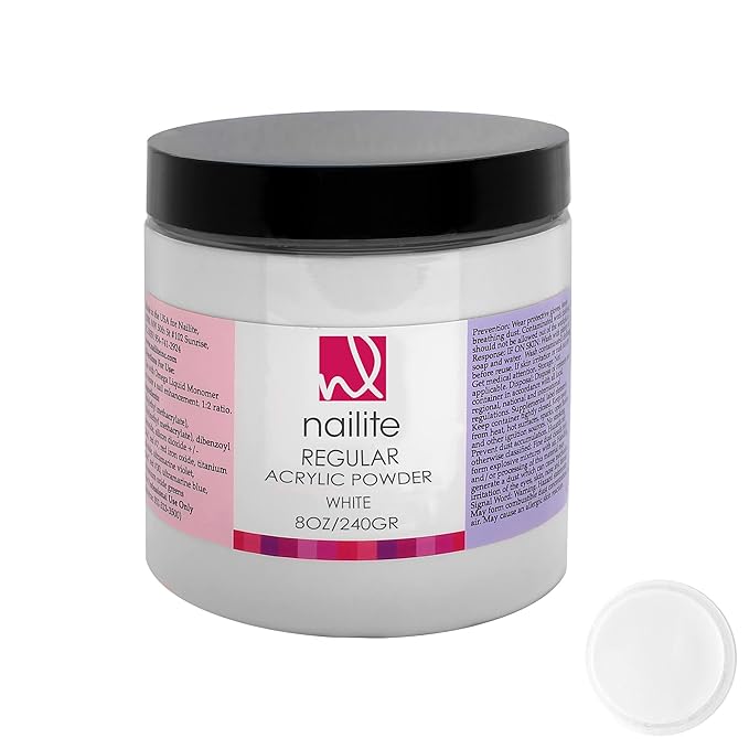 Regular – Professional Acrylic Powder for Nail Extension, Slow Setting System, EMA Formula and Non-Yellowing Effect – White (8 Oz.)