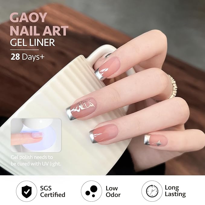 GAOY Metallic Silver Gel Nail Polish Art Liner, 8ml 3D Mirror Chrome Effect Color Nail Paint Design with Thin Brush, UV Light Cure for DIY Manicure at Home