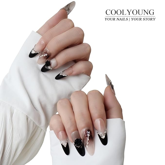 Press On Acrylic Almond Nails Medium Handmade Nails Black Gifts For Women Press On French Tip Nails with False Nails, 15 PCS, Size S