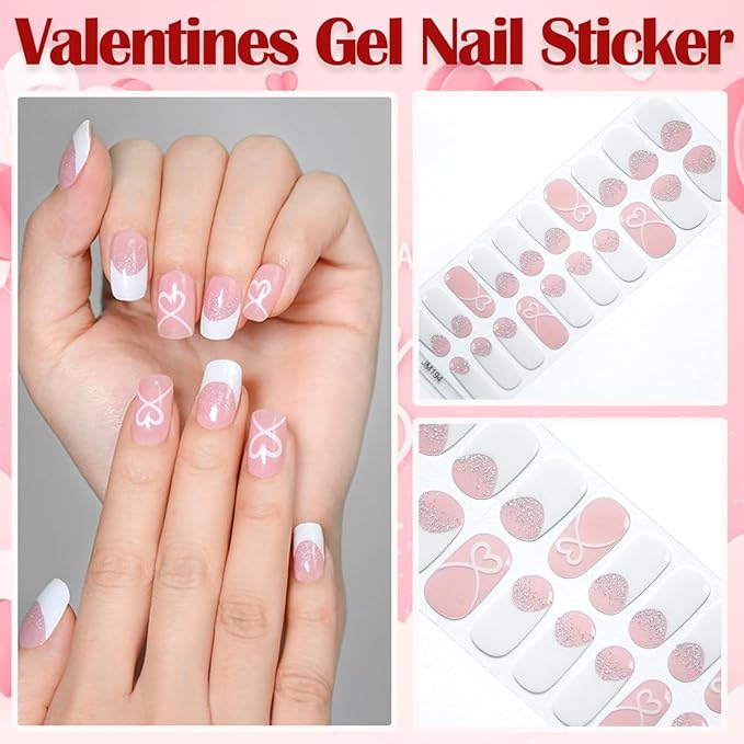 Valentines Day Semi Cured Gel Nail Strips 22Pcs Love Heart Gel Nail Stickers for Nail Art White Heart with French Tip Design Nude Pink Full Wrap Gel Nail Strips Sticker UV Light for Manicure Salon