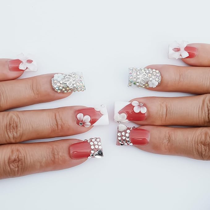 Handmade Press on Nails Short Duck 3D White French Tip with V Design 3D Bow Flower Rhinestones Charms Nude Base Elegant Sturdy Art Pink 10 Pcs False Nails Set (Soft Pink Ivory Bow,M)